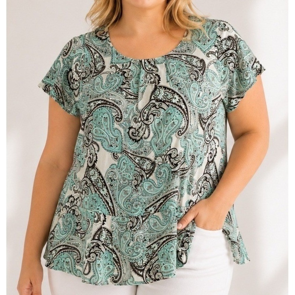 Retro Chic Woman Top Plus Size 2X Paisley Peplum Blouse Aqua Teal Classic Career